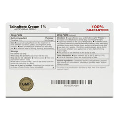 Back of a Globe Tolnaftate 1% Anti-Fungal Cream - 1 oz box showing drug facts, directions for athlete's foot and jock itch, warnings, storage info, GMP seal, and bold red "100% Guaranteed" text. Black text on a white background. Brand: Globe.