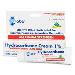 A box and tube of Globe Hydrocortisone Cream w/Aloe 1% (1 oz), an anti-itch cream for eczema, psoriasis, and seborrheic dermatitis. The packaging has blue and red text with the Globe logo.