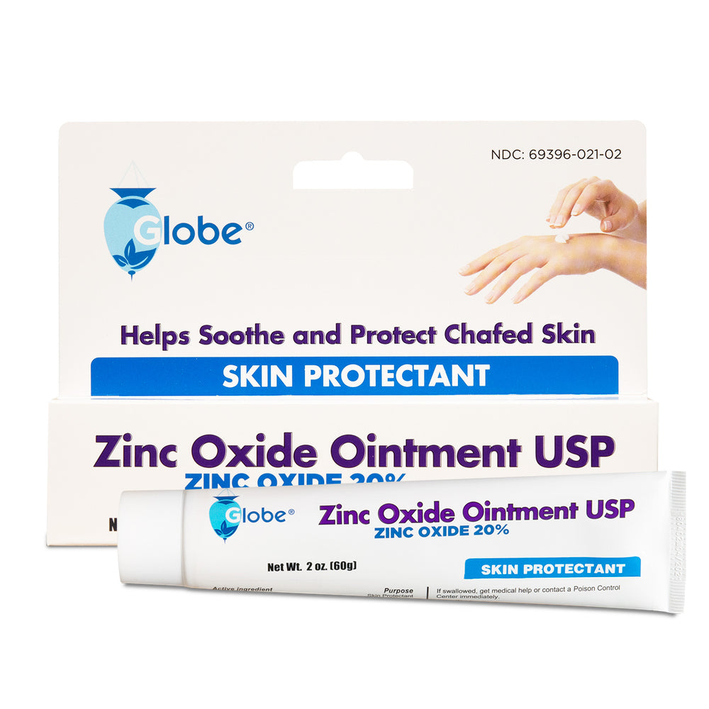 A 2 oz tube and box of Globe Zinc Oxide 20% Ointment, a diaper rash cream and skin protectant by Globe, helps soothe and protect chafed skin. Packaging is white with blue text and accents.