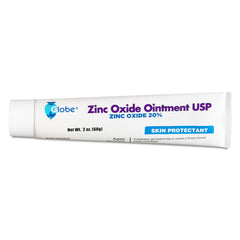 A 2 oz (56g) white tube of Globe Zinc Oxide 20% Ointment by Globe is shown in a blue box, cap on the left. Labeled as a skin protectant and barrier cream.