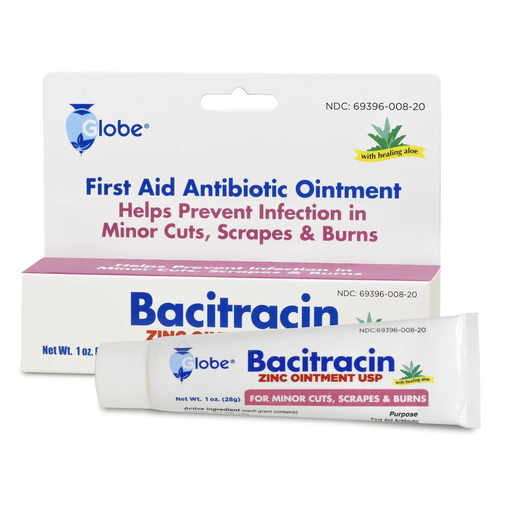 A 1oz tube of Globe Bacitracin Zinc Ointment w/Aloe, by Globe, for minor cuts, scrapes, and burns. Packaged in a box with a green healing aloe symbol and infection prevention highlighted.