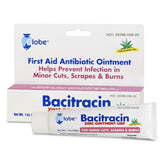 A 1oz tube of Globe Bacitracin Zinc Ointment w/Aloe, by Globe, for minor cuts, scrapes, and burns. Packaged in a box with a green healing aloe symbol and infection prevention highlighted.
