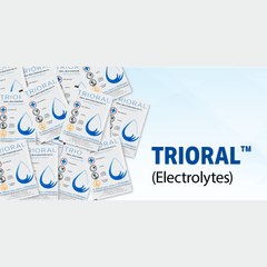 Several TRIORAL Oral Rehydration Salts (15 Packets/Box) are scattered on the left, with the product name and "Electrolytes" in bold blue and black font on a light blue gradient background to the right.