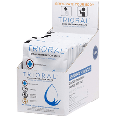 A box of TRIORAL Oral Rehydration Salts (15 Packets/Box) by TRIORAL stands upright, showing several individual electrolyte powder sachets inside, labeled for dehydration relief and clinical electrolyte replacement.