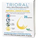 TRIORAL Natural Lemon w/ Stevia Oral Rehydration Salts (WHO New Formula) shown with icons for dehydration relief, travel, hiking & activity; 25 packets/box with no artificial colors, flavors, or preservatives.