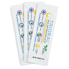 Three TRIORAL Natural Lemon w/ Stevia Oral Rehydration Salts packets (WHO New Formula, 25/Box) are fanned out, showcasing gluten-free, preservative-free dehydration relief—ideal for travel, sports, and outdoor activities.