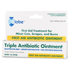 Globe First Aid Triple Antibiotic Ointment, 1oz, by Globe, offers infection protection for minor cuts, scrapes, and burns. Packaging highlights active ingredients and compares effectiveness to Neosporin. Net Wt: 1 oz (28.4g).