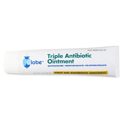A 1oz tube of Globe First Aid Triple Antibiotic Ointment featuring Bacitracin Zinc, Neomycin Sulfate, and Polymyxin B Sulfate for first aid use and infection protection.