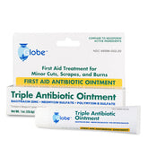 A box and tube of Globe First Aid Triple Antibiotic Ointment-1oz by Globe, in white packaging with blue and yellow text, provides infection protection for minor cuts, scrapes, and burns.