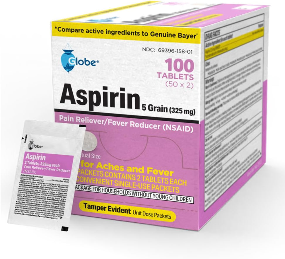 A purple and yellow box of Globe Aspirin Tablets, 325 mg (NSAID pain reliever & fever reducer), contains 100 single-use packets for arthritis, headache, and migraine relief. The packaging displays dosage information and tamper-evident features, with one uncoated tablet packet shown in front.