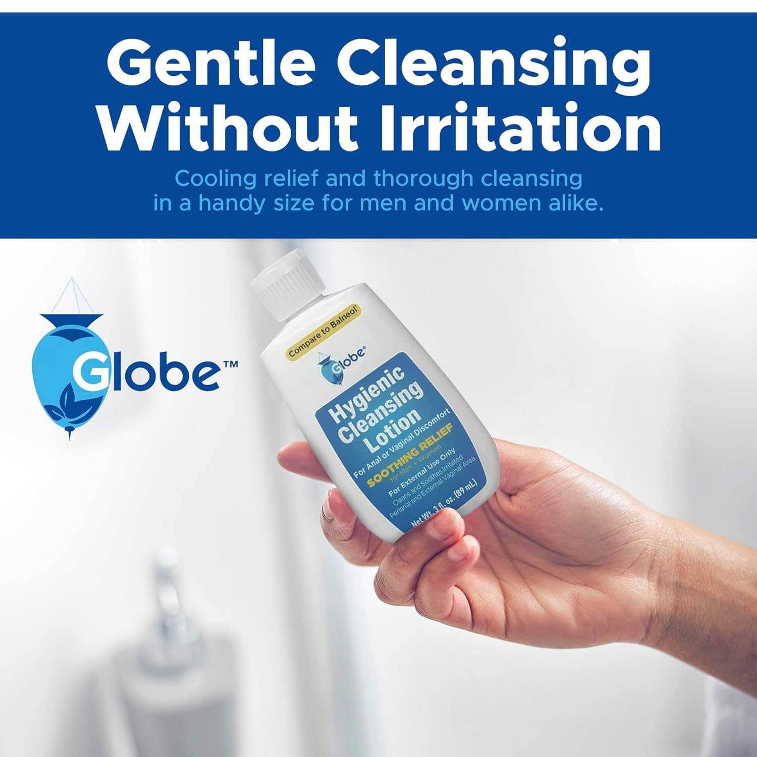 A hand holds a TriSelfcare Globe Hygienic Cleansing Lotion for Men and Women 3oz bottle. Text above reads, Gentle Cleansing Without Irritation; offers pain and itch relief, soothing sensitive areas with this gentle personal care cleanser.