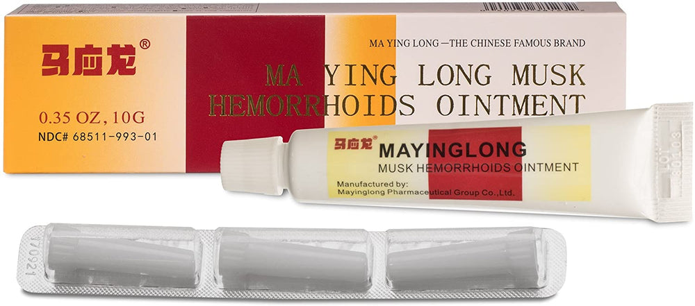 A box, tube, and applicators of Mayinglong Hemorrhoid Ointment 10g Tubes by Mayinglong are shown; the packaging displays English and Chinese text and specifies a 10g (0.35 oz) weight, designed for hemorrhoid relief.