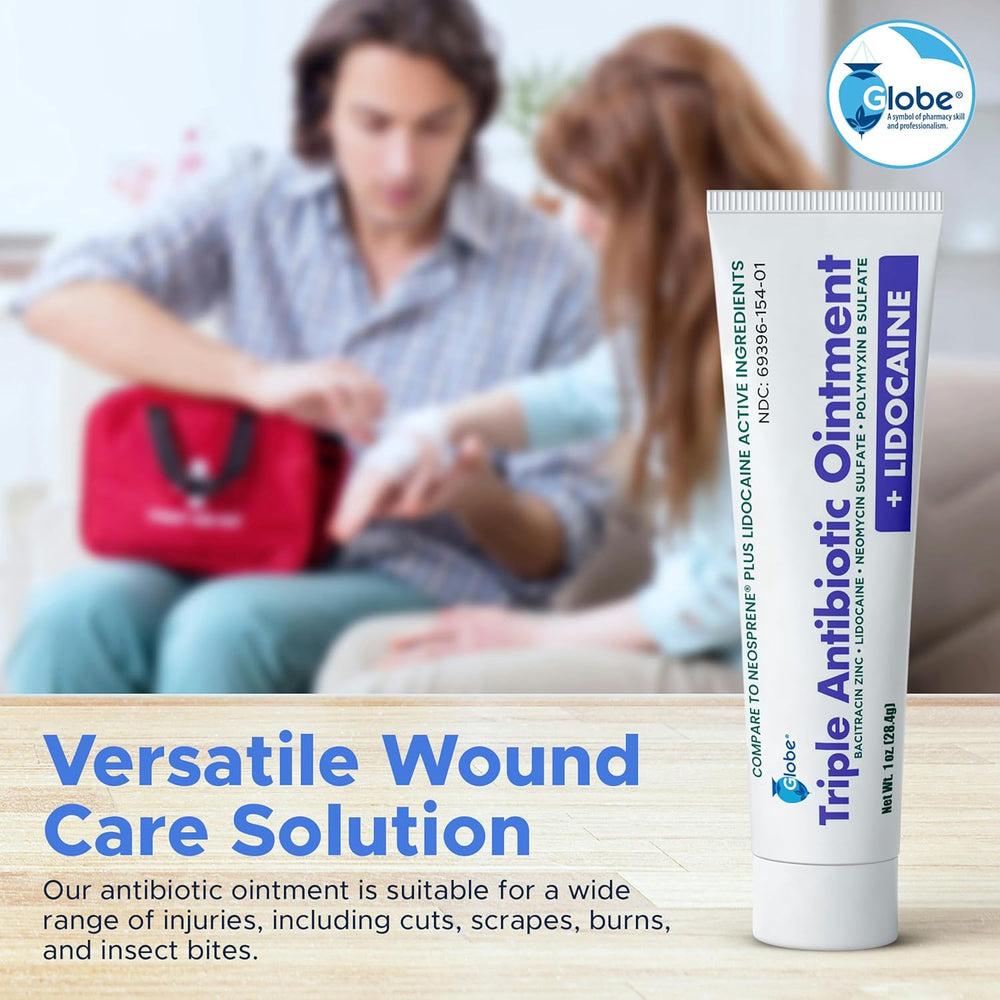 A tube of Globe First Aid Antibiotic Ointment + Lidocaine 1 Oz stands upright, emphasizing Globe’s maximum strength pain relief and infection protection—numbing skin fast with Bacitracin Zinc for first aid care.
