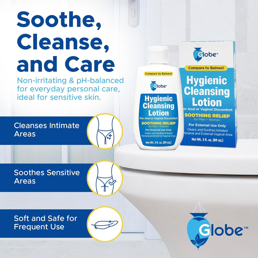 Promotional image for TriSelfcare Globe Hygienic Cleansing Lotion for Men and Women (3oz), shown on a bathroom counter. Highlights gentle cleansing and pain/itch relief for sensitive areas, suitable for perianal and vaginal care. Compare to Balneol.