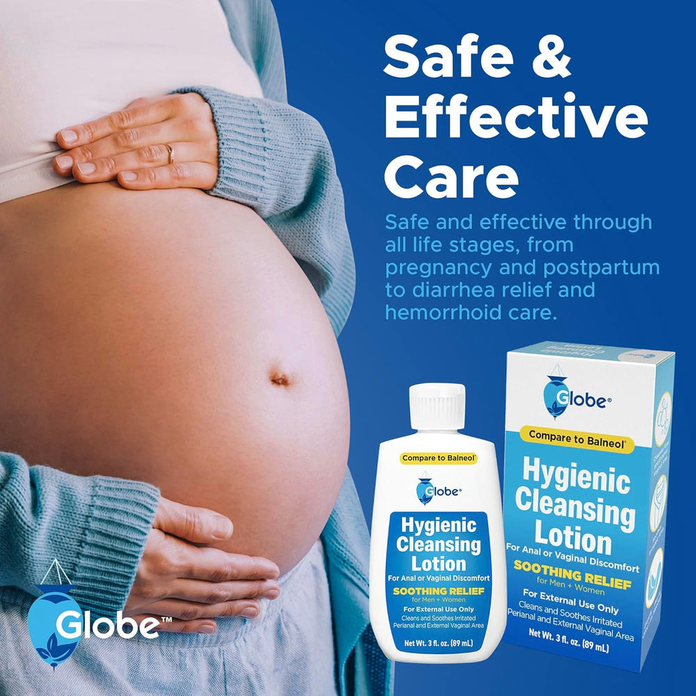 A pregnant woman cradles her bare belly beside TriSelfcare Globe Hygienic Cleansing Lotion for Men and Women—Compare to Balneol. Gentle 3oz cleanser for perianal/vaginal care, pregnancy, postpartum, diarrhea & hemorrhoid relief. Pain & itch relief.