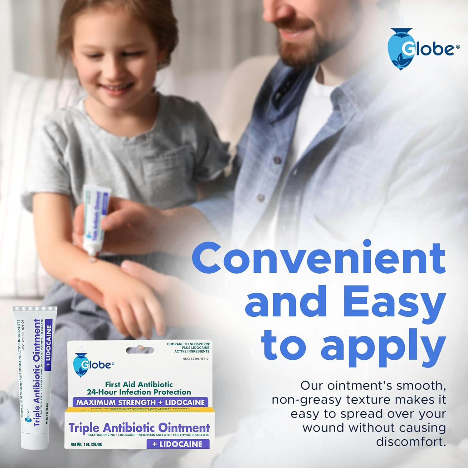 Globe First Aid Antibiotic Ointment + Lidocaine 1 Oz - Maximum Strength Pain Relief & Infection Protection - Numbs Skin Fast with Bacitracin Zinc - Emergency Use & Infection Protection
