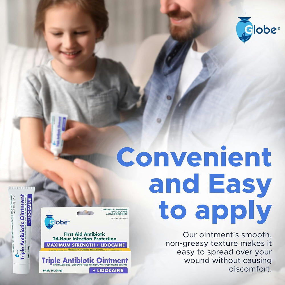 An adult applies Globe First Aid Antibiotic Ointment + Lidocaine to a child’s arm. The product and box are shown, with text promoting maximum strength pain relief, fast numbing, and infection protection for first aid wound care.