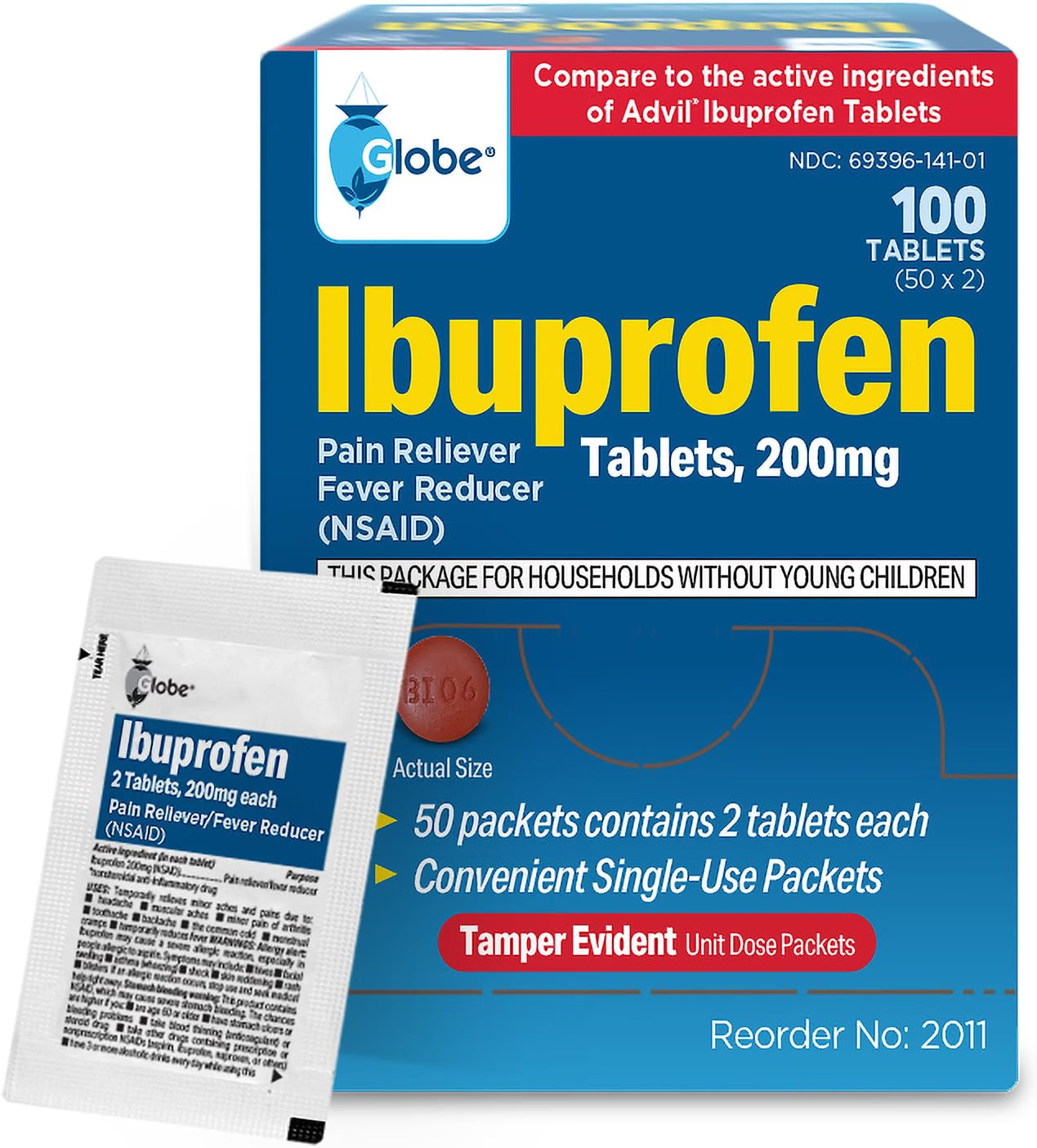 A blue box of Globe Ibuprofen Tablets, 200 mg—an NSAID pain reliever and fever reducer for headache, muscular aches, arthritis, and backache—is displayed. The package contains 50 tamper-evident packets with 2 tablets each (totaling 100 tablets), with a single-dose packet shown in front.