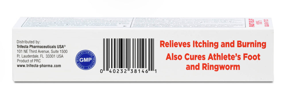 Side of a Globe Miconazole 2% Cream 1 oz box with barcode and text: Relieves itching and burning. Effective athlete's foot and ringworm treatment. Globe branding, antifungal details, distributor info, and GMP certification are also shown.