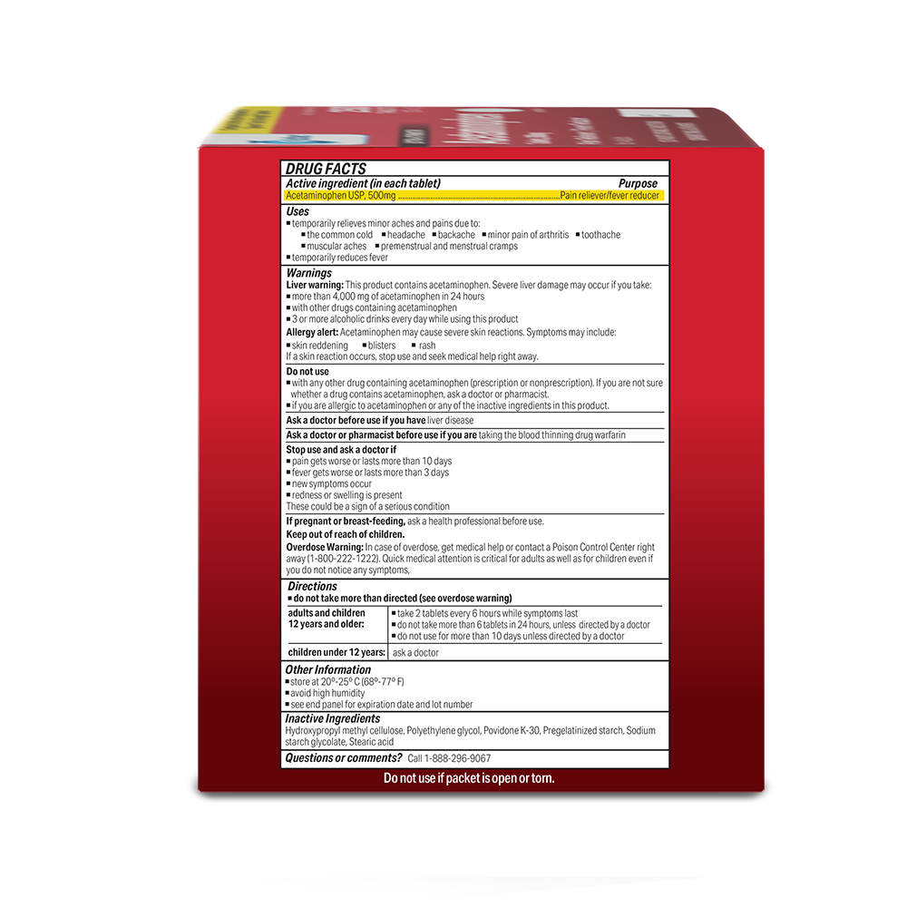The image shows the back of a Globe Extra Strength Acetaminophen Tablets 500 mg box (Pain Reliever/Fever Reducer, 50 x 2-tablet packets) with Drug Facts listing active ingredient, uses, warnings, directions, inactive ingredients, and contact info.