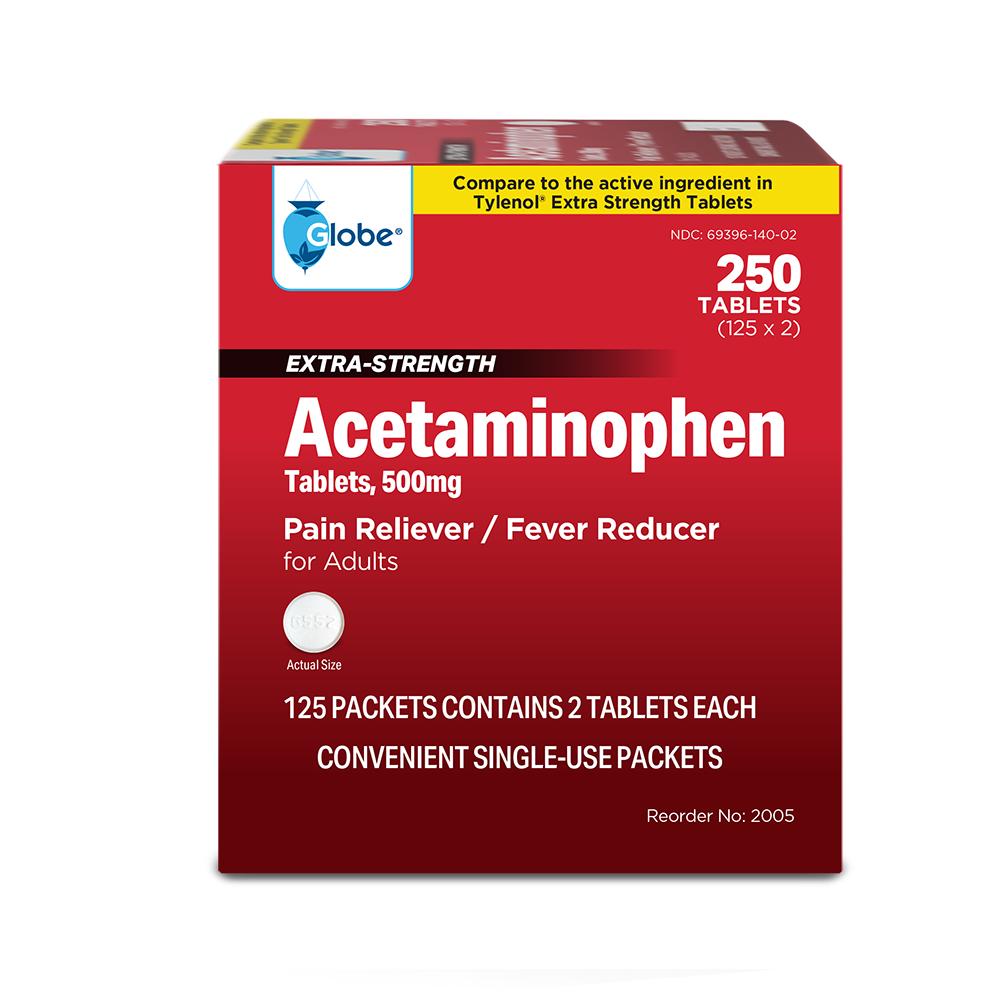 A red box of Globe Extra Strength Acetaminophen Tablets 500mg, pain reliever and fever reducer for arthritis or backache. Contains 50 packets of 2 tablets each. Compare to Tylenol Extra Strength on the packaging.