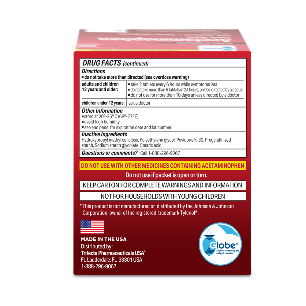 The back of the Globe Extra Strength Acetaminophen Tablets 500 mg box lists drug facts, directions, ingredients, warnings, storage info, and manufacturer details for this trusted pain reliever and fever reducer (50 packets of 2 tablets each).