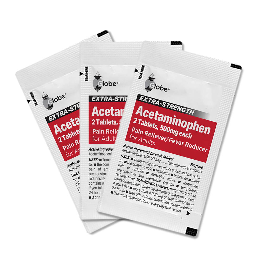Globe Extra Strength Acetaminophen Tablets 500 mg, Pain Reliever and Fever Reducer, Gentle on Stomach, for Arthritis Pain, Backache Pain and More, 50 Packets of 2 Tablets Each, 100 Count