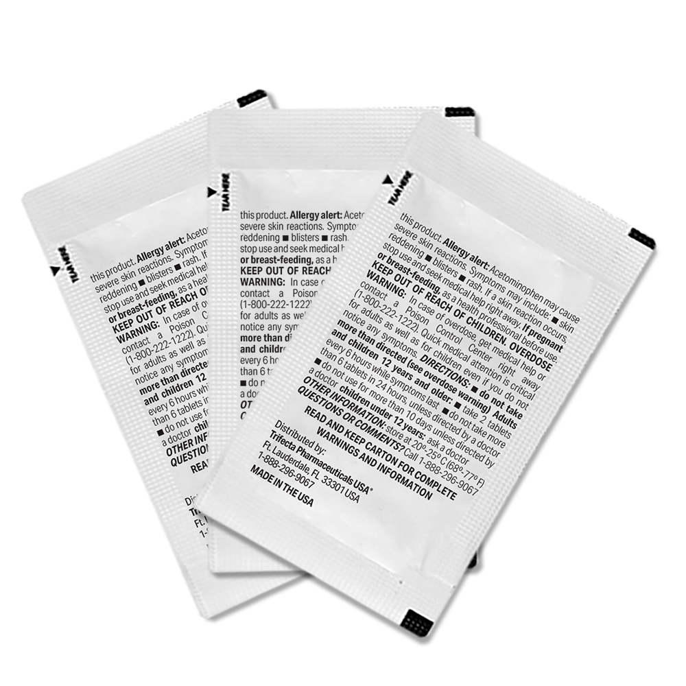 Three overlapping Globe Extra Strength Acetaminophen Tablets 500 mg packets, each printed with black safety warnings and instructions on white. Labeled "Made in the USA," these single-use packets contain 2 tablets each; bulk pack of 10,000.