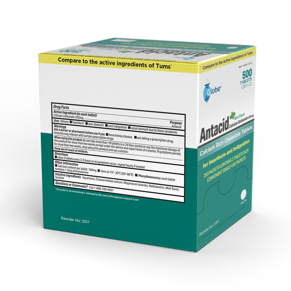 A white and green box of Globe Chewable Mint Antacid Tablets for acid indigestion, heartburn, and upset stomach contains 250 packets of 2 tablets each (500 total), with drug facts and calcium carbonate info on the label.