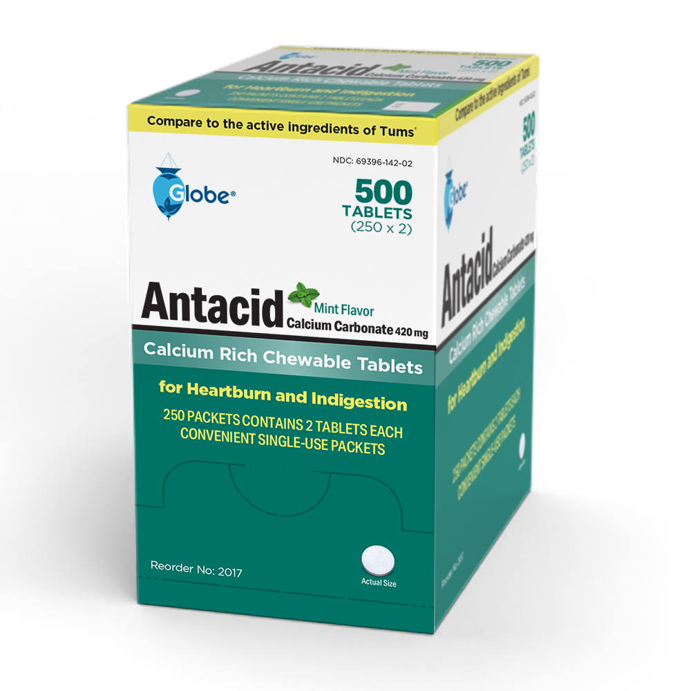 Globe Chewable Mint Antacid Tablets, 500 count (250 packets of 2), provide calcium carbonate for heartburn, acid indigestion, and upset stomach relief.