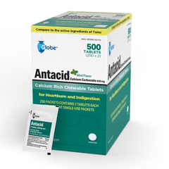 Globe Chewable Mint Antacid Tablets for Acid Indigestion, Heartburn, and Upset Stomach - 250 Packets of 2 Tablets Each, 500 Count.