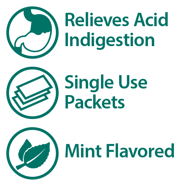 Three green icons with text: a stomach with Relieves Acid Indigestion, stacked packets with Single Use Packets, and mint leaves with Mint Flavored—ideal for those seeking convenient Globe Chewable Mint Antacid Tablets for heartburn or upset stomach.