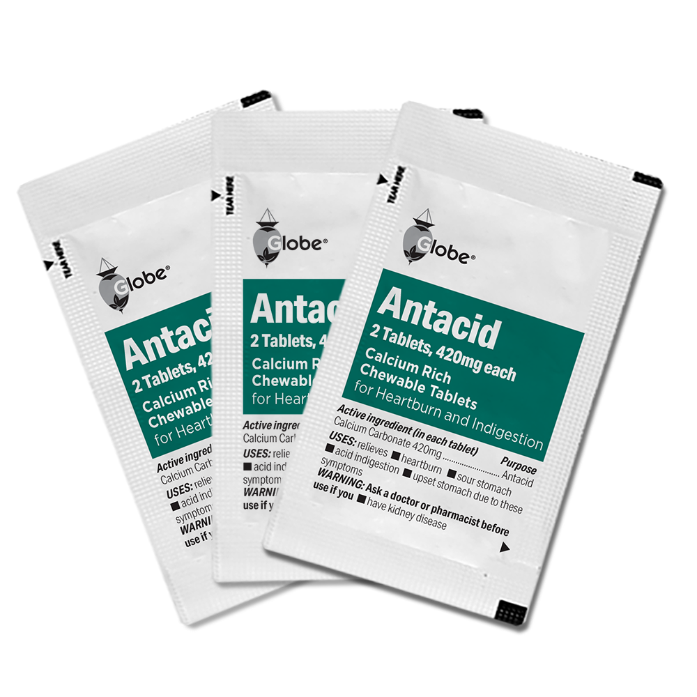 Three Globe Chewable Mint Antacid Tablets packets (2 tablets each, 420 mg calcium carbonate per tablet) provide fast relief from heartburn and indigestion; teal and white packaging.