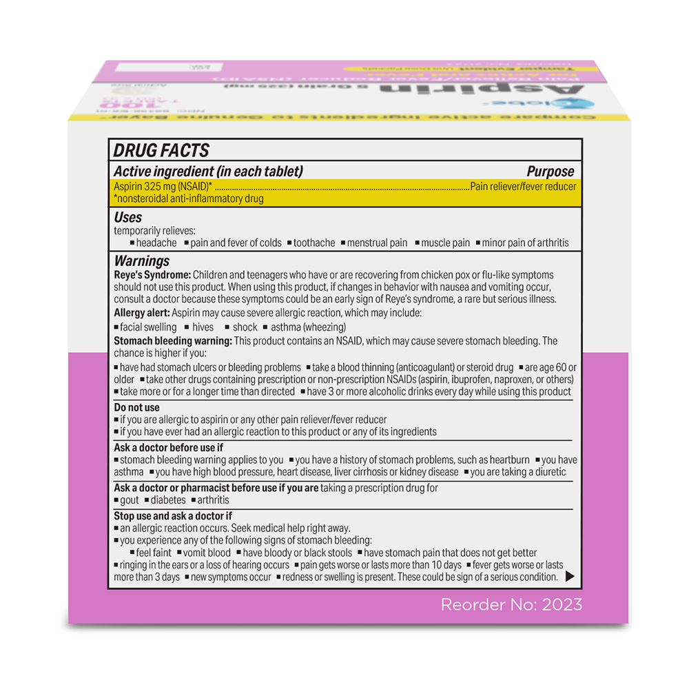 The back of the Globe Aspirin Tablets 325mg box lists Drug Facts for pain and fever relief, directions, warnings, and inactive ingredients. Its pink/yellow design features Reorder No: 2023 at the bottom right.