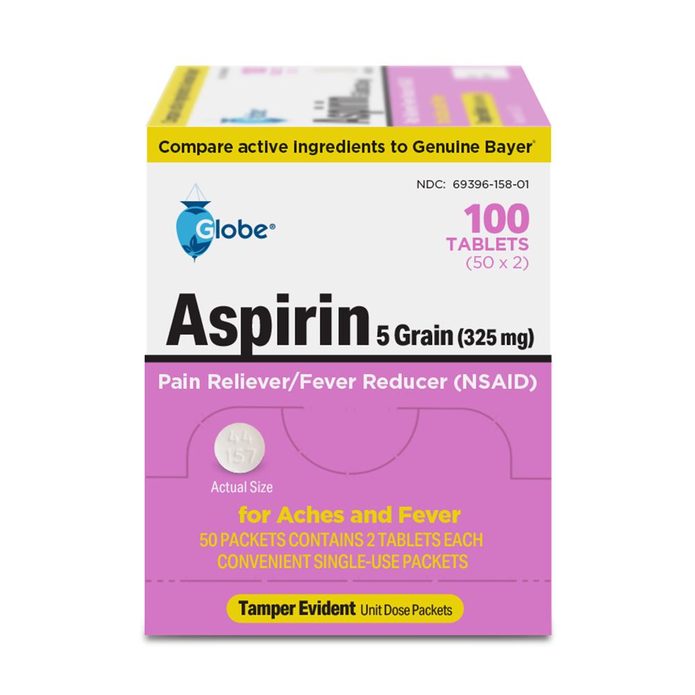 Globe Aspirin Tablets, 325 mg, come in a box of 100 single-use packets. Labeled as an NSAID for pain and fever relief, arthritis, headaches, and migraines. Tamper-evident packaging ensures product safety.