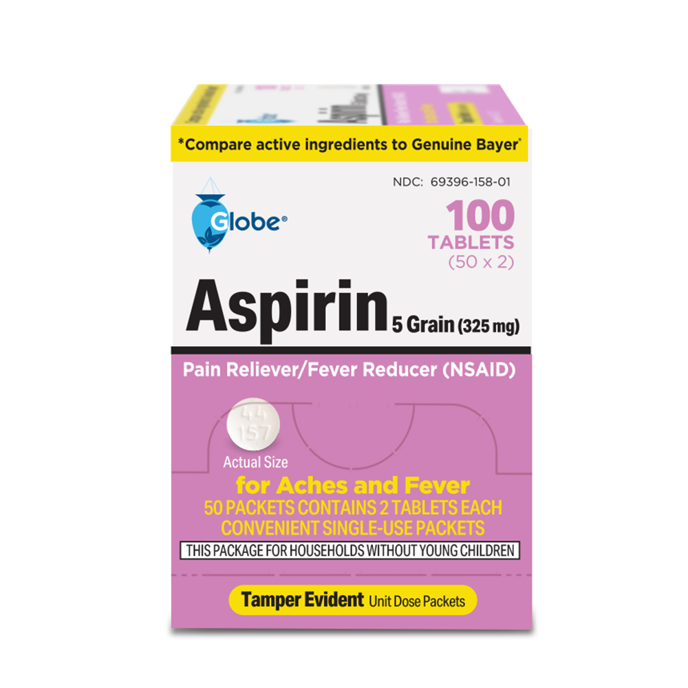A box of Globe Aspirin Tablets, 325 mg, 100 single-use packets, offers NSAID pain relief and fever reduction for arthritis, headache, and migraine. Packaging highlights pain relief benefits and tamper-evident features.