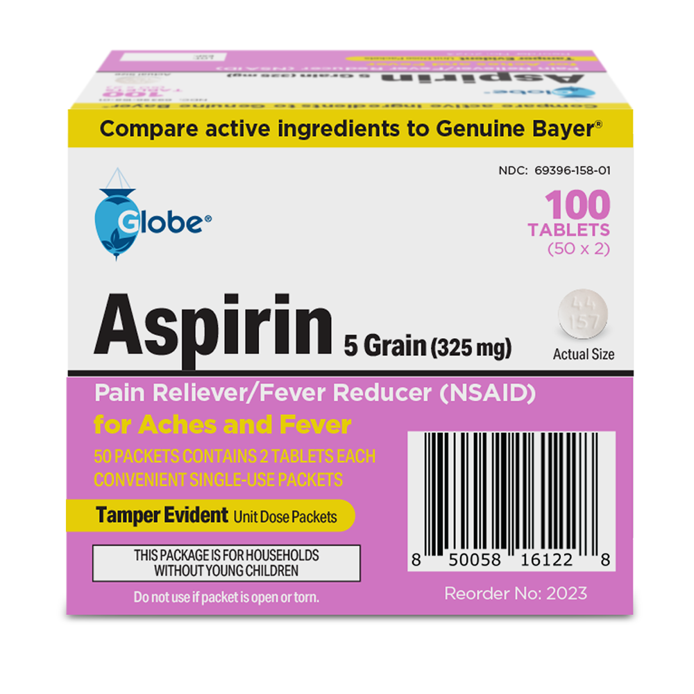 Front of Globe Aspirin Tablets, 325 mg, 100 single use packets for pain and fever relief; NSAID for arthritis, headaches, migraines. Tamper-evident white and purple box with yellow highlights.