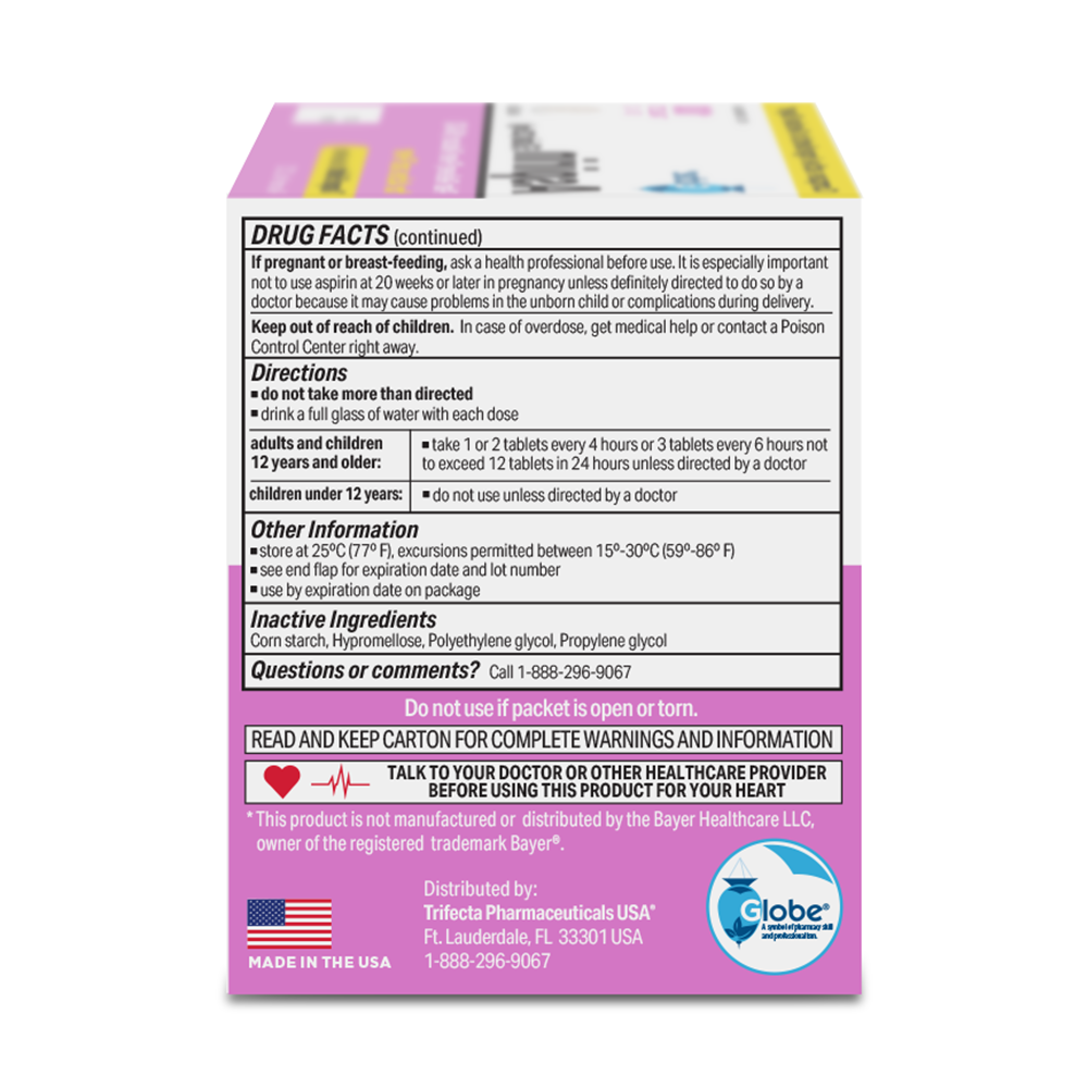 The back of Globe Aspirin Tablets, 325 mg (100 count) details drug facts, directions, storage info, inactive ingredients, child safety warnings, manufacturer info, and describes uncoated aspirin for pain and fever relief.