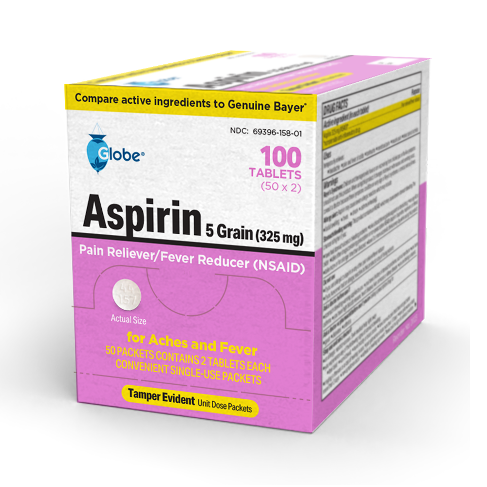 A box of Globe Aspirin Tablets, 325 mg, NSAID pain reliever and fever reducer; contains 100 single-use packets. The mostly white and purple box offers relief for arthritis, headaches, migraines, and other pain.