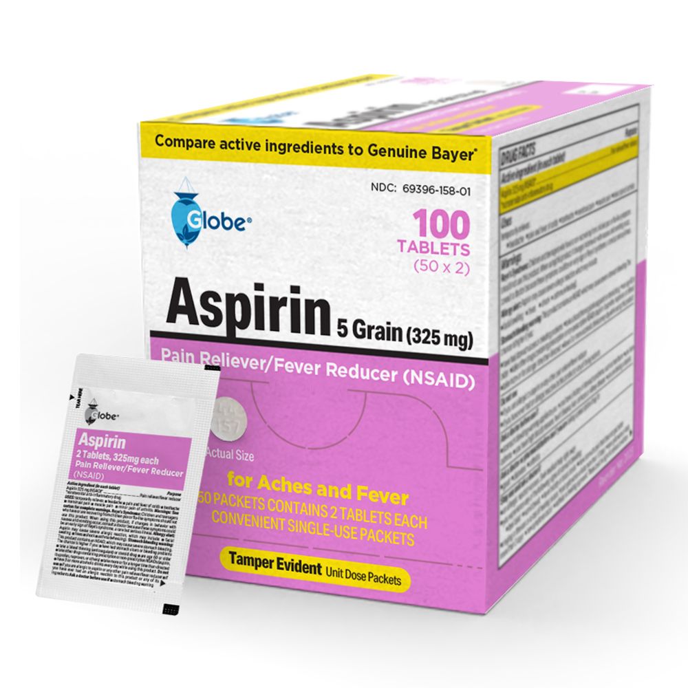 Globe Aspirin Tablets, 325 mg - 100 Count, Single Use Packets, NSAID Pain Relief, Pain Reliever & Fever Reducer, Arthritis Pain Relief, Headache Relief, Migraine Medicine Aspirin Pain Reliever.