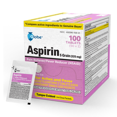 Globe Aspirin Tablets, 325 mg, 100 count in single-use packets provide effective pain and fever relief. The purple and yellow box showcases convenient, individual doses for headaches, arthritis, migraines, and more.