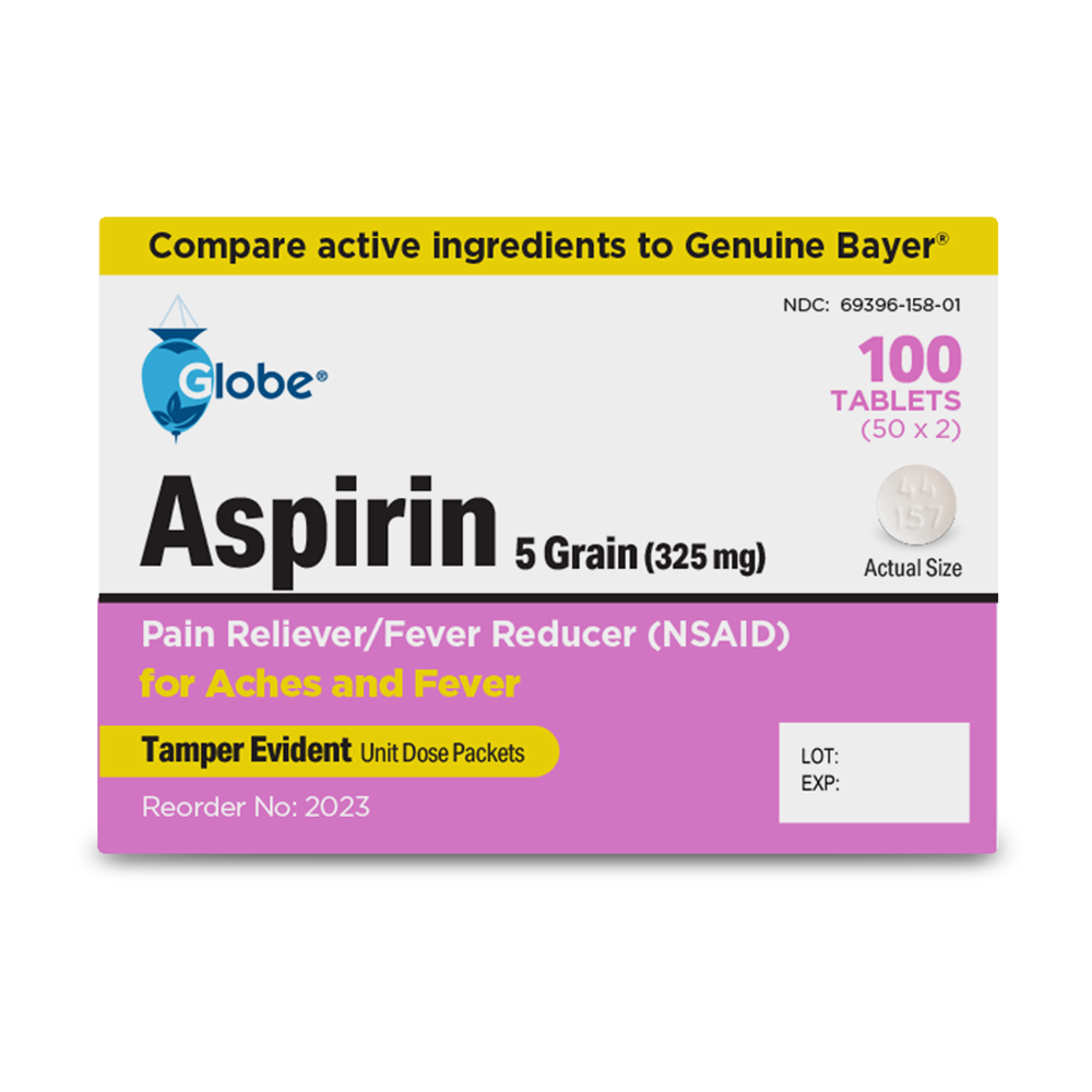 Globe Aspirin Tablets, 325 mg, 100 count single-use packets provide NSAID pain and fever relief for headaches, migraines, and arthritis. The tamper-evident white, yellow, and purple box ensures safety.