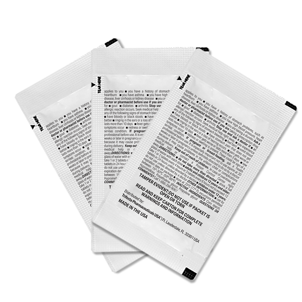 Three overlapping Globe Aspirin Packets (325mg, NSAID pain relief) display medical info and directions. Unopened, uncoated single-use packets are labeled "Made in the USA" at the bottom. Each contains effective pain reliever & fever reducer.