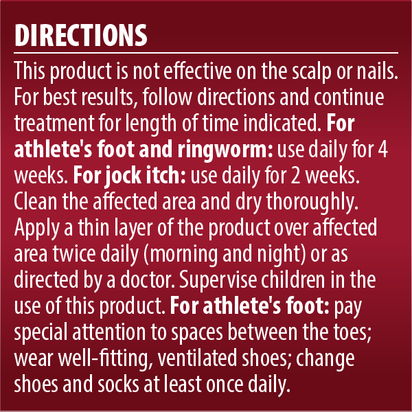 Globe Clotrimazole Solution for Athlete’s Foot, Jock Itch, and Ringworm (10ml) by Globe: Directions include use for each condition, safety tips, cleaning advice, and shoe hygiene. White text features on a red background.
