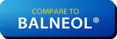 A blue rounded rectangular button shows "COMPARE TO BALNEOL®" in yellow and white caps, highlighting TriSelfcare’s Globe Hygienic Cleansing Lotion—gentle pain and itch relief for sensitive perianal and vaginal care, 3oz bottle.
