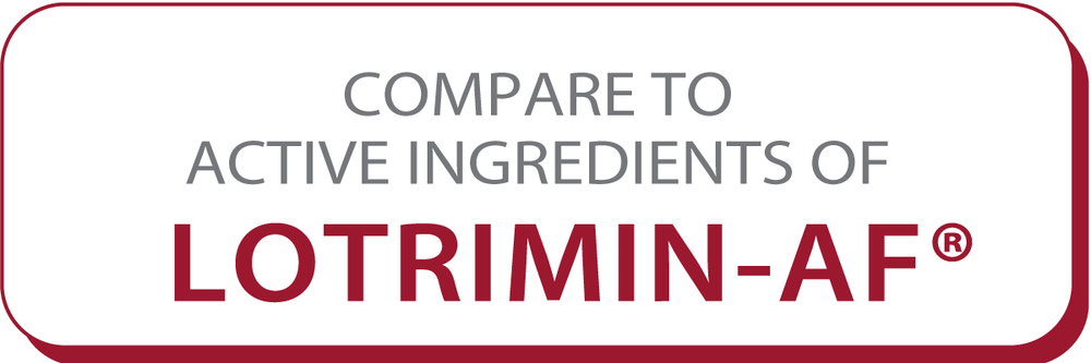 A rectangular label features "Compare to Lotrimin active ingredient" in gray and red on a white background with a red border, highlighting Globe Clotrimazole Antifungal Cream 1% (4 oz) for jock itch relief from itching, burning, and fungus.