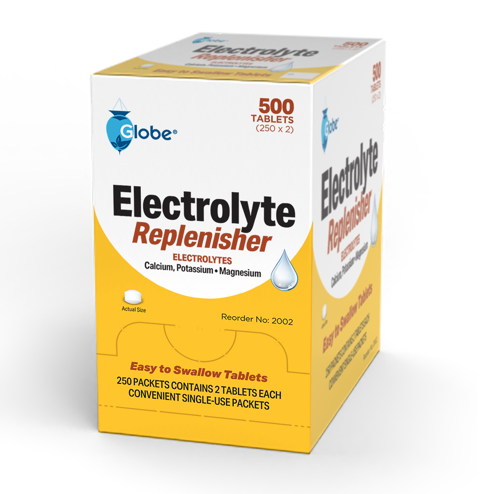 Globe Electrolyte Replacement Tablets, 500 count (250 packets of 2), come in white/yellow/blue packaging and provide key electrolytes like calcium, potassium, and magnesium—ideal for hydration during exercise, sports recovery, hiking, or camping.