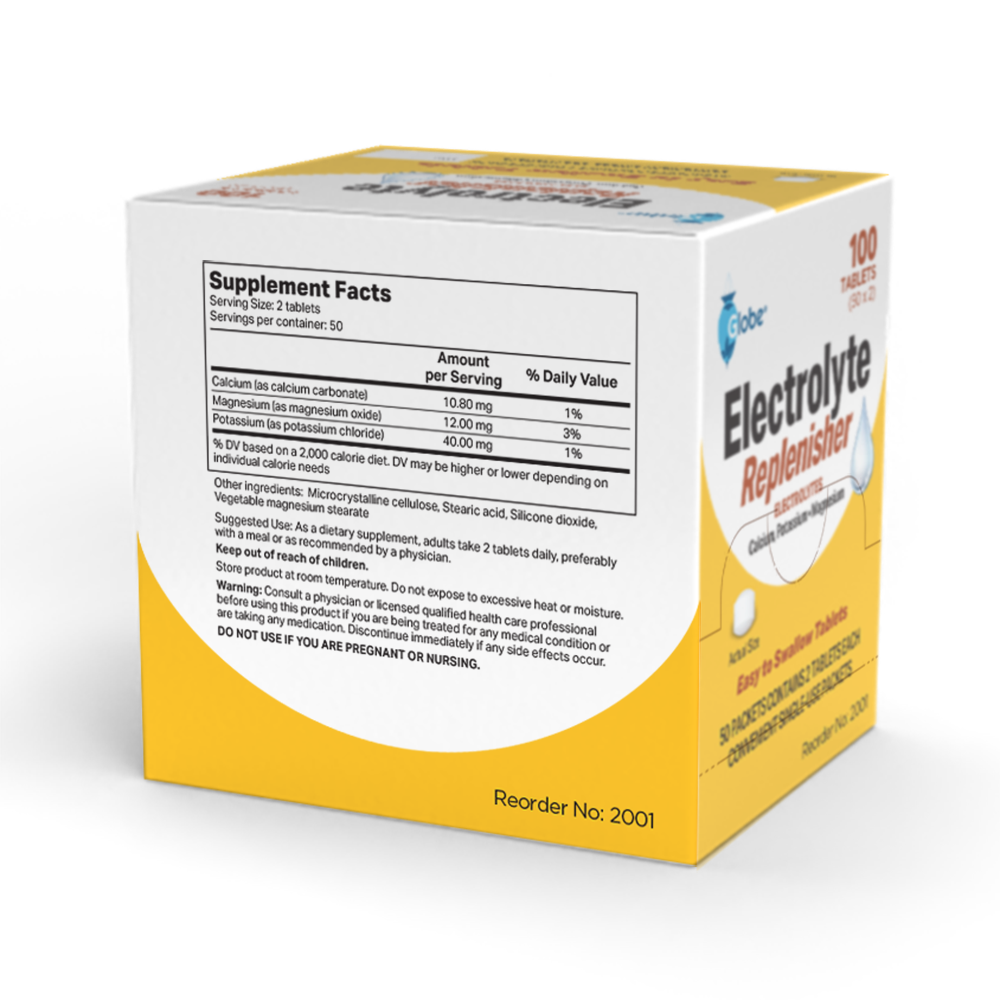 A box labeled “Globe Electrolyte Replacement Tablets for Rehydration, Exercise Recovery” contains 50 packets of 2 tablets (100 total), with calcium, magnesium, and potassium supplement facts. Includes warnings and reorder number 2001.