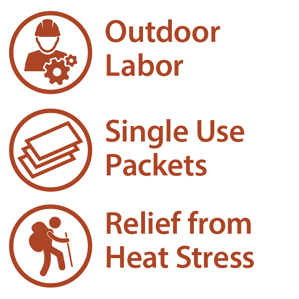 Three icons with text: a worker for Outdoor Labor, packets for Globe Electrolyte Replacement Tablets (50 packets), and a hiker for Relief from Heat Stress—showing hydration and electrolyte benefits—all in brown on white.