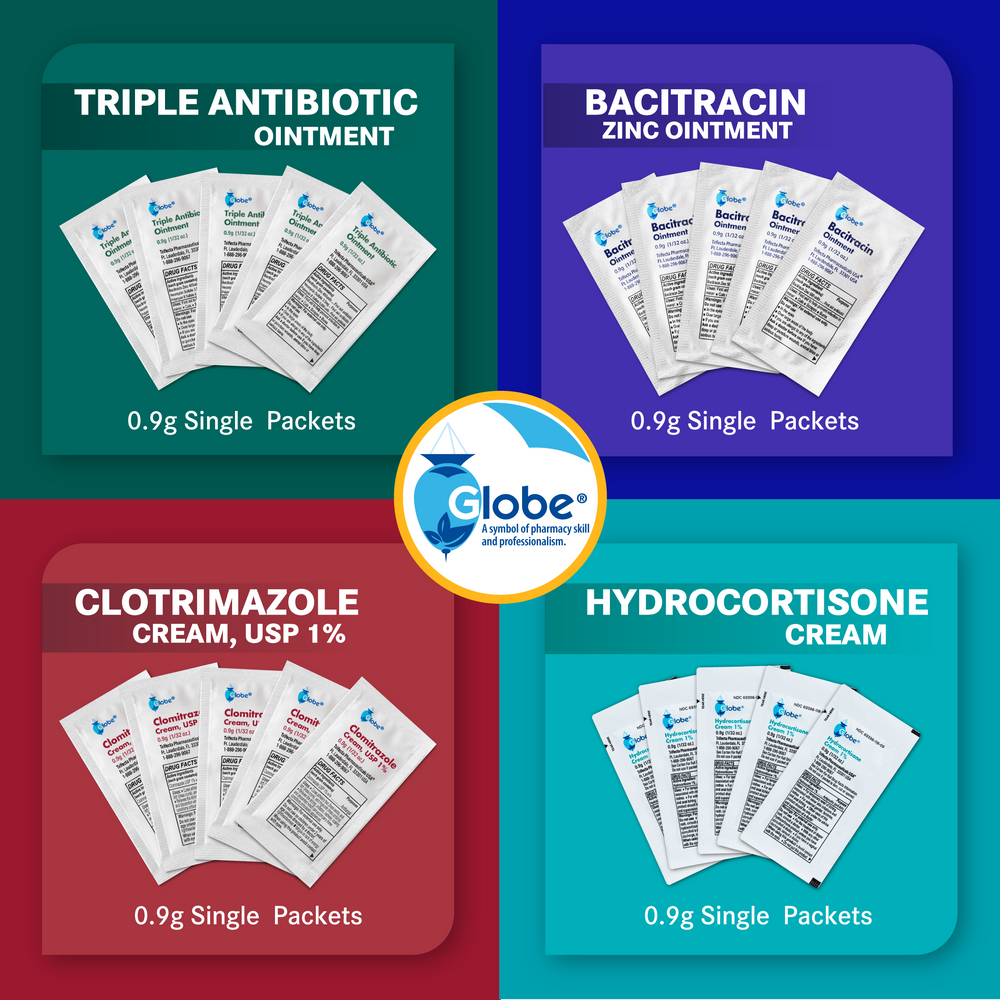 Globe Triple Antibiotic Ointment .9gr Packets (Box of 144) are shown on a vibrant backdrop, providing effective infection protection and serving as an affordable Neosporin alternative.